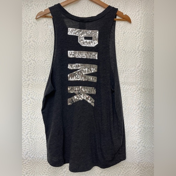 Victoria’s Secret PINK Tank Size L Dark Gray Chill Babe Sequins Beach Summer - Picture 1 of 13